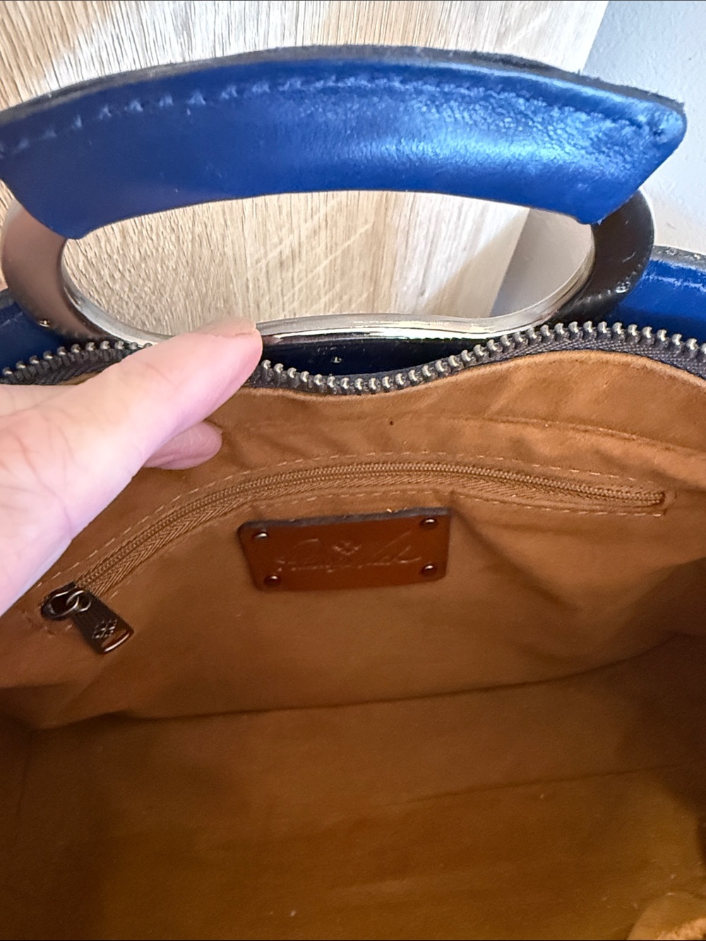 Patricia Nash Navy and Tan Painted Canvas Satchel - Picture 3 of 5